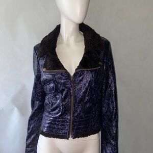 Miss Sixty Shimmering Blue Leather Jacket with Dark Fur Collar